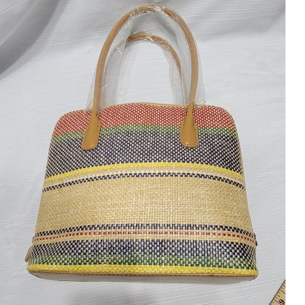 Multicolor Striped Straw Handbag Woven Summer Tote Bag FG 1091A NEW - Picture 5 of 7